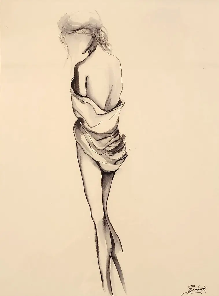 Hölgy hátső nézetben törölközővel a derekán - lavírozott tusrajz